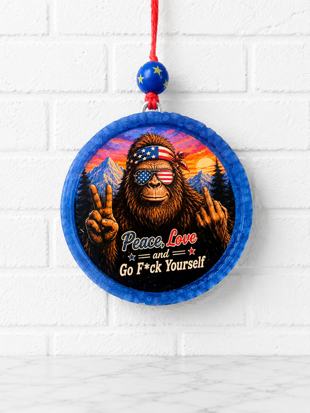 Peace, Love and Go F*ck Yourself Bigfoot Car Freshie | Funny Handmade Aroma Bead Air Freshener