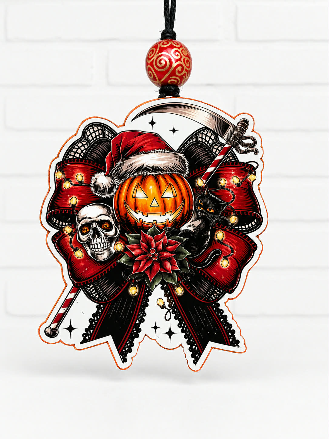 Halloween Christmas Car Air Freshener | Jack-O'-Lantern Santa Bow | Gothic Holiday Freshie | Handmade Scented Car Charm