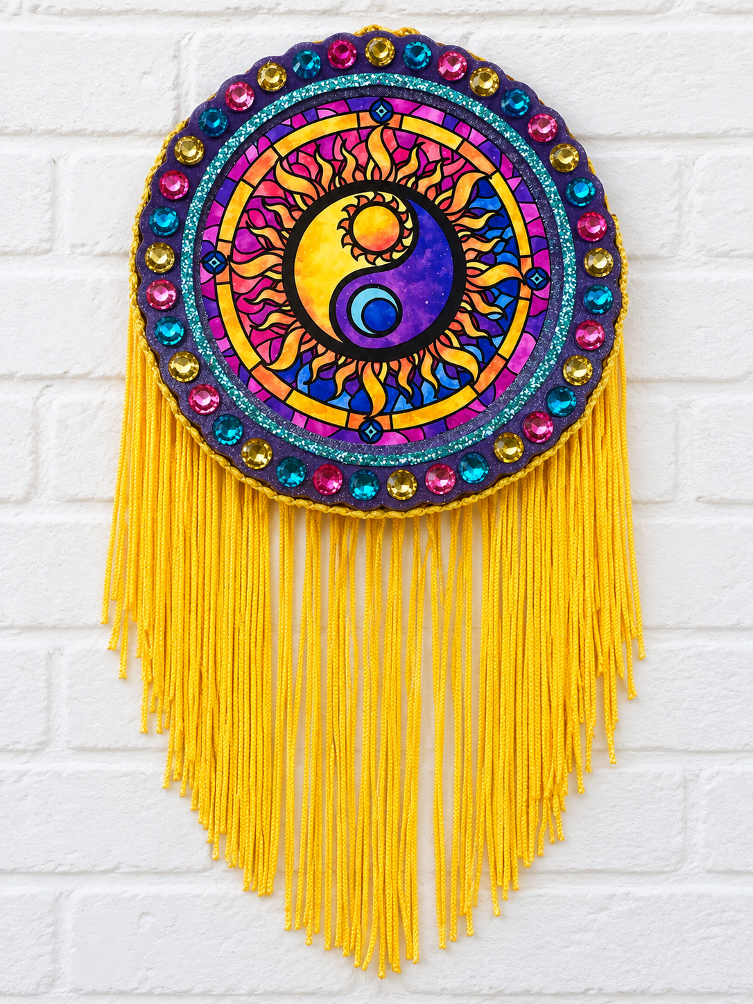 Sun & Moon Yin Yang Car Freshie – Rhinestones & Yellow Fringe