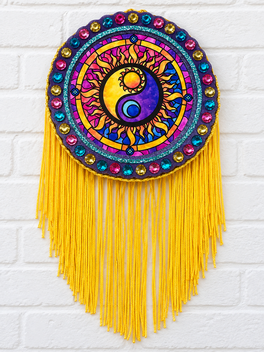 Sun & Moon Yin Yang Car Freshie – Rhinestones & Yellow Fringe
