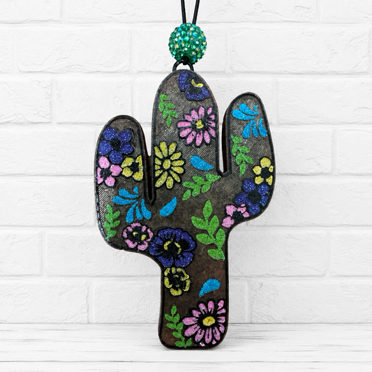 Floral Cactus Car Freshie | Southwest Desert Air Freshener | Handmade Glitter Cactus Freshie | Western Car Decor