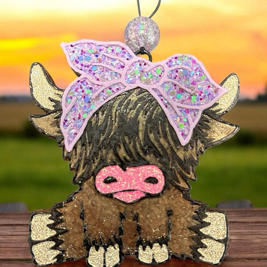 Highland Cow Car Freshie w/Purple Bow