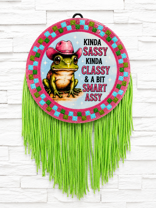 Kinda Sassy, Kinda Classy & A Bit Smart Assy Frog Car Freshie | Funny Cowgirl Frog Air Freshener | Handmade Fringe Freshie