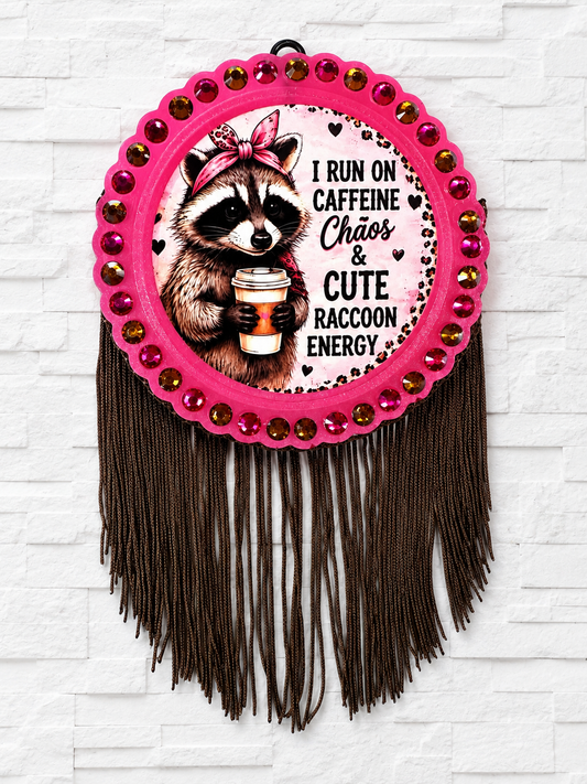 I Run on Caffeine, Chaos & Cute Raccoon Energy Car Freshie | Funny Raccoon Air Freshener | Handmade Fringe Car Charm