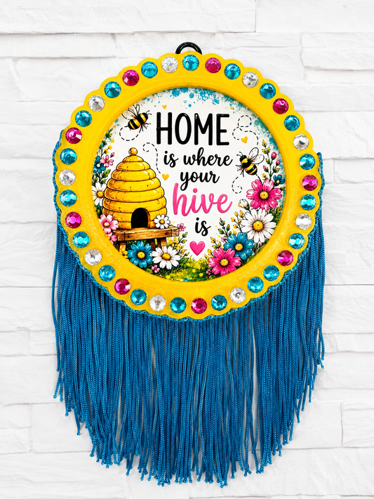 Home Is Where Your Hive Is Car Freshie | Handmade Bee Car Air Freshener | Bumble Bee Fringe Freshie