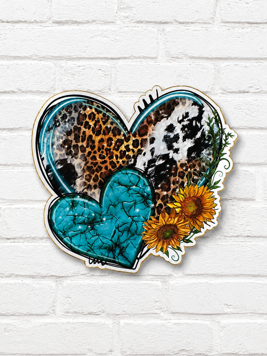 Western Heart Car Freshie | Leopard & Cow Print with Turquoise Heart & Sunflowers | Handmade Car Air Freshener