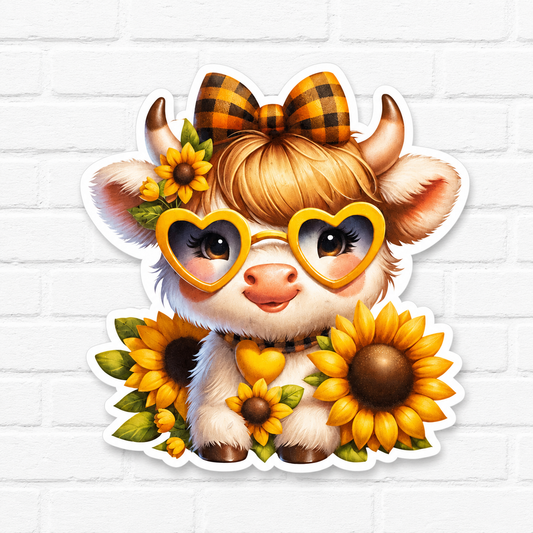 Sunflower Highland Cow Car Freshie | Cute Cow Air Freshener | Buffalo Plaid Bow & Heart Sunglasses | Handmade Car Freshener