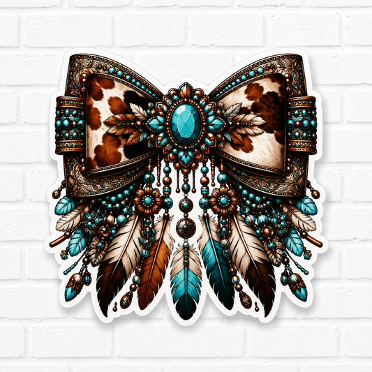 Western Cowhide Bow Car Freshie | Turquoise Boho Air Freshener | Cow Print & Feather Bow | Handmade Car Freshener