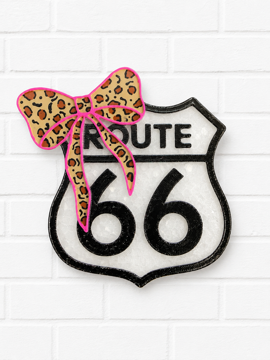 Route 66 Car Freshie with Leopard Bow | Handmade Car Air Freshener | Retro Road Sign Freshie | Cute Car Accessory