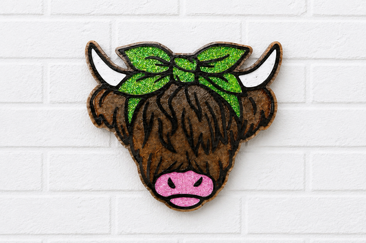 Highland Cow Car Freshie with Green Glitter Bow | Handmade Cow Air Freshener | Western Car Freshie
