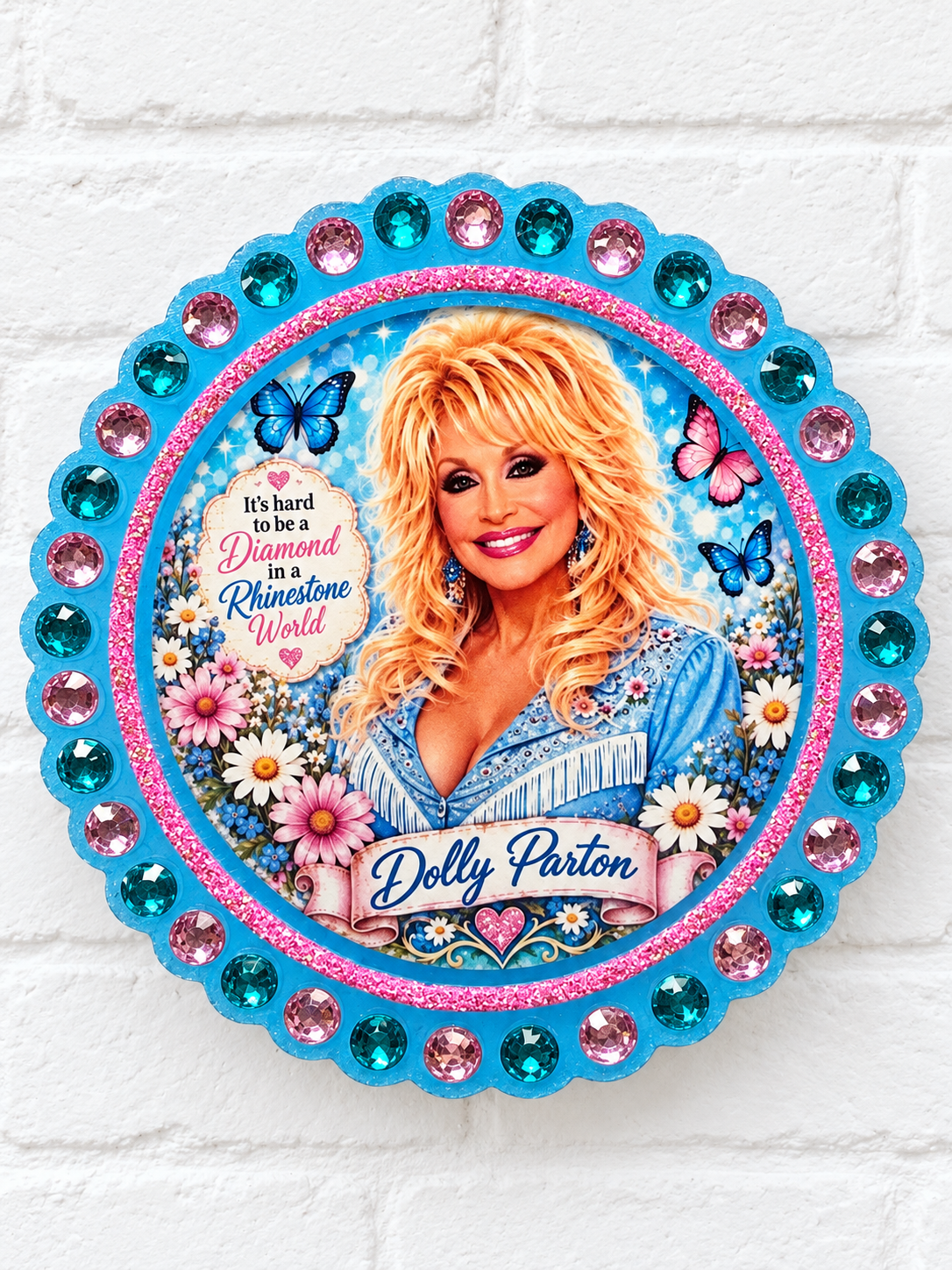 Dolly Parton Car Freshie – Blue & Pink Rhinestone Butterfly Design