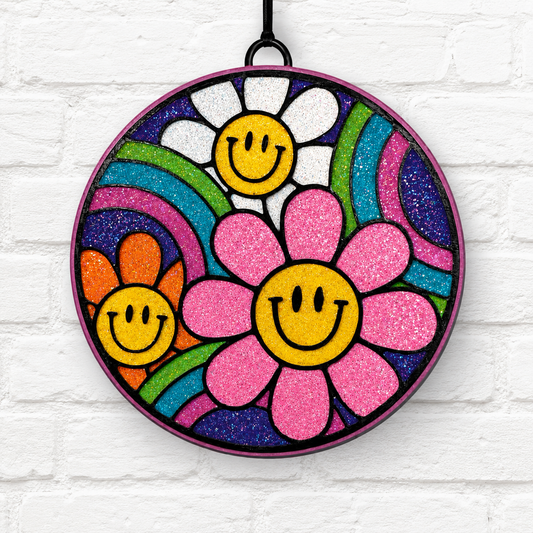Smiley Flower Rainbow Glitter Car Freshie | Colorful Hippie Floral Air Freshener | Handmade Auto Accessory