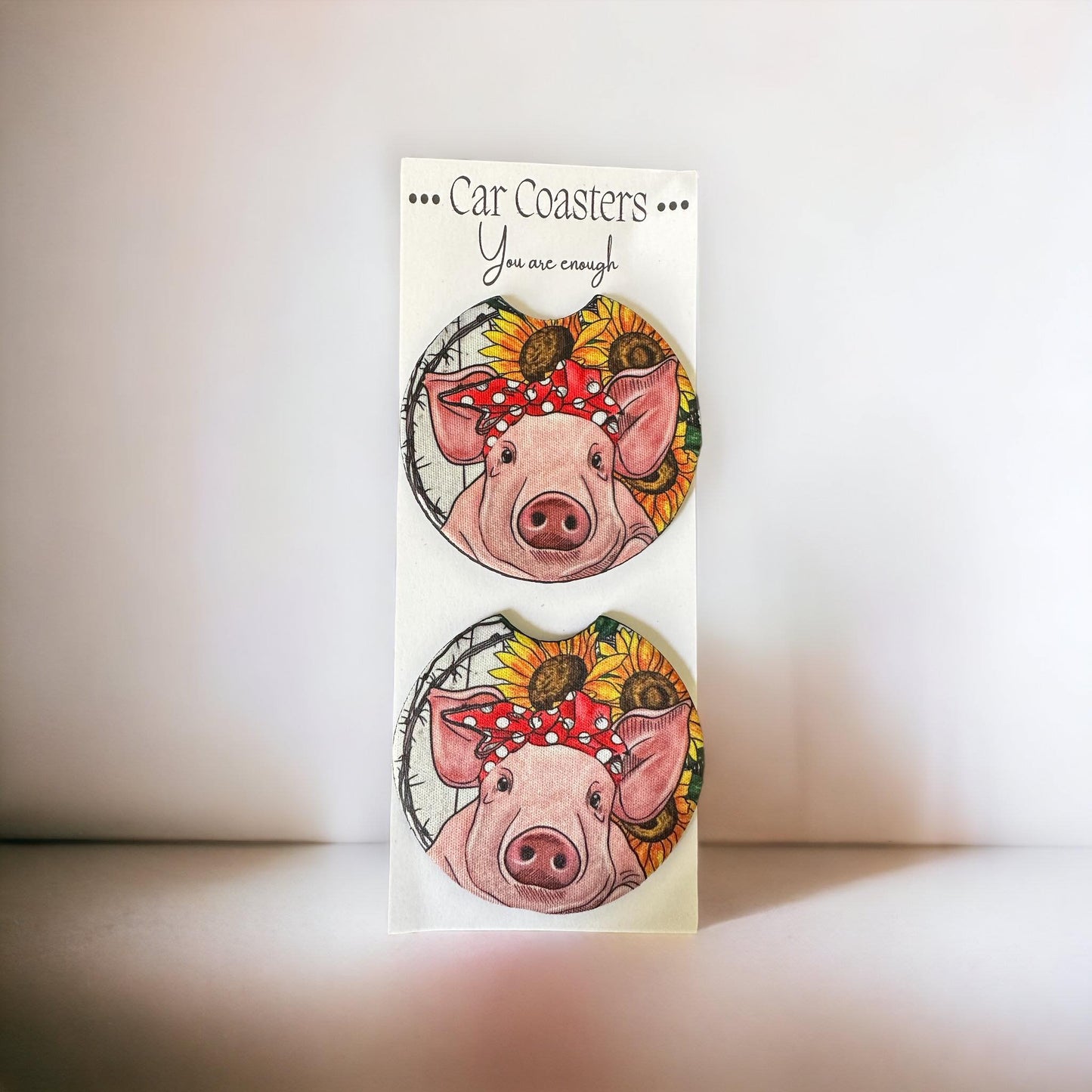 Pig w/Sunflower Car Coaster Set